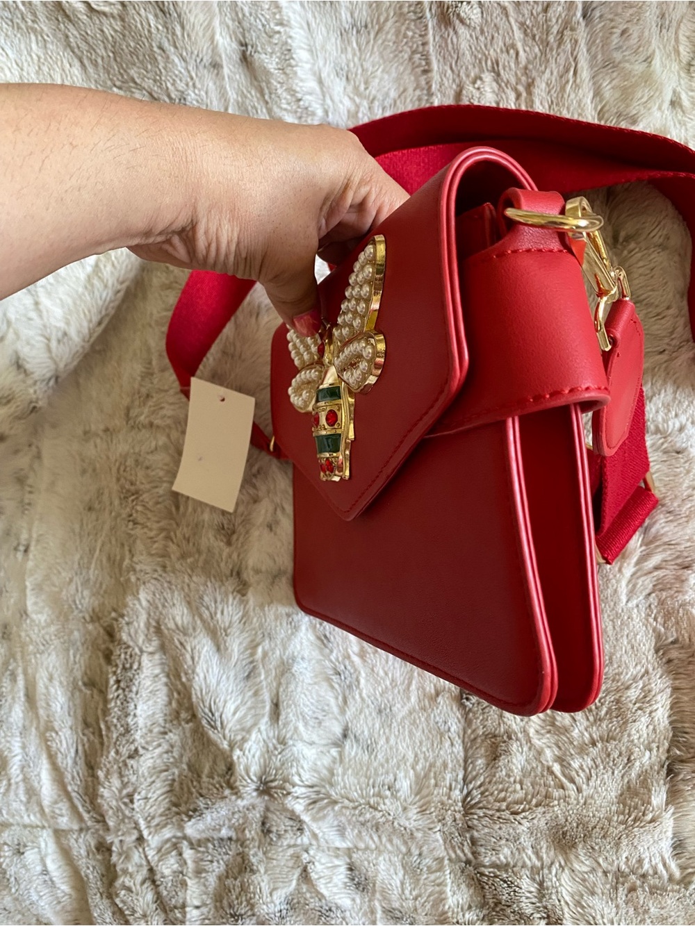 Red Pearl Bee Accent embellished Crossbody Bag - 9” - Picture 7 of 9